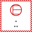 Kvadratisk form med röda snedställda streck. I mitten är en rund symbol. 