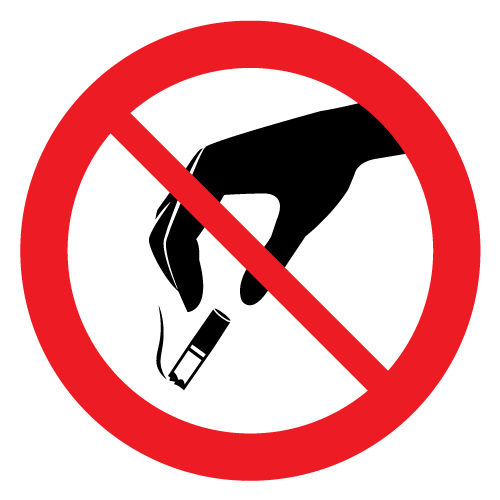 R&ouml;d ring med r&ouml;tt diagonalt streck &ouml;ver en hand som sl&auml;nger en cigarettfimp