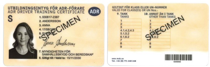 Bild på hur ADR-intyget ser ut på fram- och baksida.