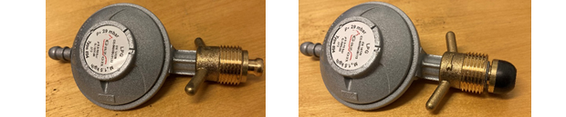 Två regulatorer för gasol. Till vänster visas ett exempel på en regulator som saknar packning och till höger en med packning.