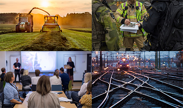 Bildcollage med slantbruk, räddningstjänst, militär, personer på ett möte samt järnväg.