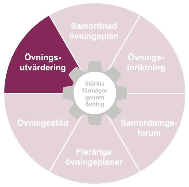 En cirkel uppdelad i tårtbitar, där varje tårbit är en del av systematisk övningsverksamhet. Övningsutvärdering är markerad. 