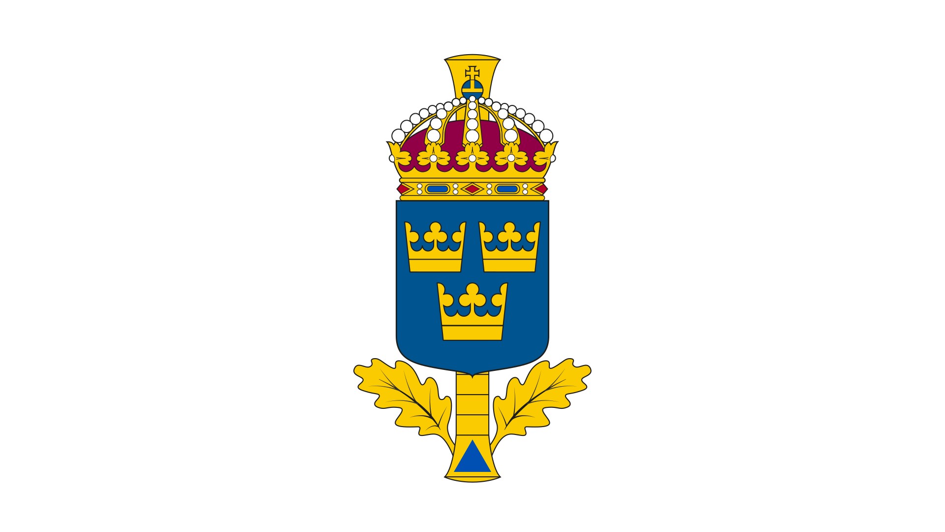 Heraldiska vapnet för Myndigheten för civilt svar. I blått fält tre kronor av guld, ställda två och en. Skölden krönt med en kunglig krona och lagd över en stolpvis ställd kommandostav av guld med två eklöv av guld uppväxande från stavens doppsko belagd med en blå trekant.