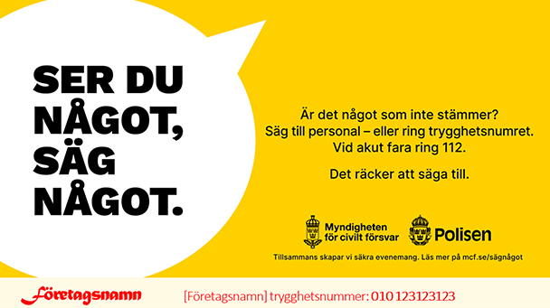 Bilden visar hur man kan placera logotyp, företagsnamn och trygghetsnummer i nederkant.