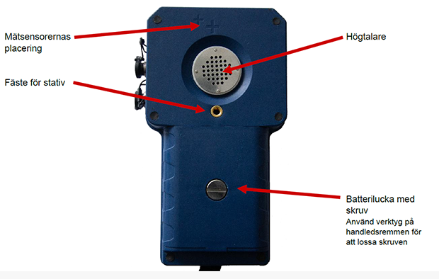 Baksidan av instrumentet. till vänster två uttag ett för extern prob och ett för kommunikation. Två + tecken markerar var proberna i instrumentet sitter. En silverfärgad högtalare samt ett uttag för kamerastav. Stängd batterilucka med skruv.