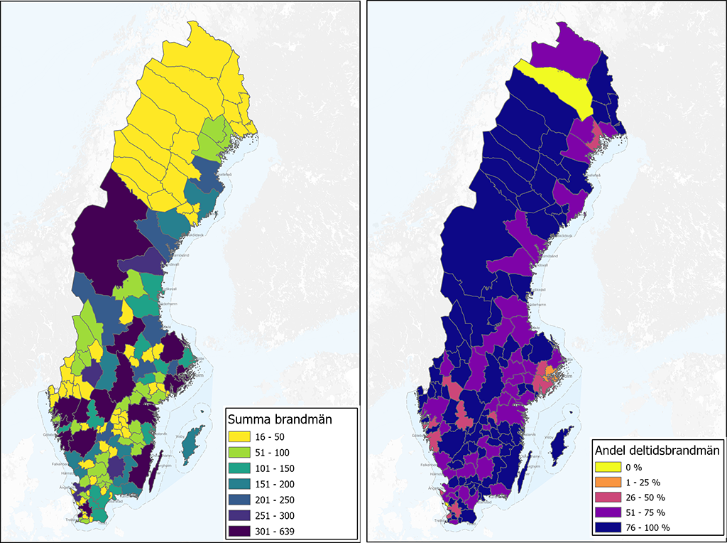 Kartor över Sverige med gränser mellan räddningstjänstorganisationer. Karta till vänster visar antalet brandmän inklusive styrkeledare summerat för hel- och deltid. Kartan till höger visas andelen deltidsbrandmän inklusive styrkeledare av den totala summan. 