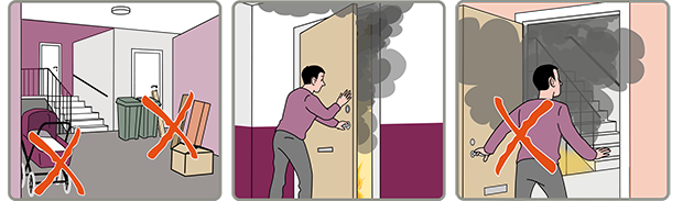 Tre illustrationer: en som har ett rött kryss över kartonger och annat som står i ett trapphus, en med en person som stänger ytterdörr mot rökfylld lägenhet och en som ser rök i trapphuset och stannar i lägenheten.