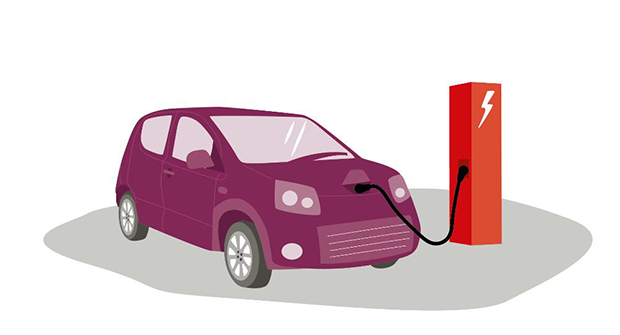 Illustration på elbil som laddas vid en laddstation