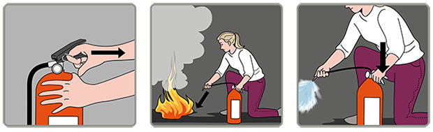 Illustration som visar dra ur sprinten, rikta mot lågornas bas och tryck in handtaget