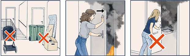Tre illustrationer: en som har ett rött kryss över kartonger och annat som står i ett trapphus, en med en person som stänger ytterdörr mot rökfylld lägenhet och en som ser rök i trapphuset och stannar i lägenheten.