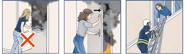 Tre illustrationer på en person som ser ett rökfyltt trapphus som hen inte går ut i, en person som stänger dörren till ett rum med rök i och en person som blir räddad av brandman på stege ut från fönster.
