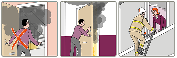 Tre illustrationer på en person som ser ett rökfyltt trapphus som hen inte går ut i, en person som stänger dörren till ett rum med rök i och en person som blir räddad av brandman på stege ut från fönster.