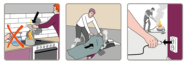 Tre illustrationer. Person som släcker brand i kastrull med ett lock, person som lägger en brandfilt över person med brinnande kläder, hand som drar ur kontakt till brinnande dammsugare och en person som släcker med en pulversläckare.