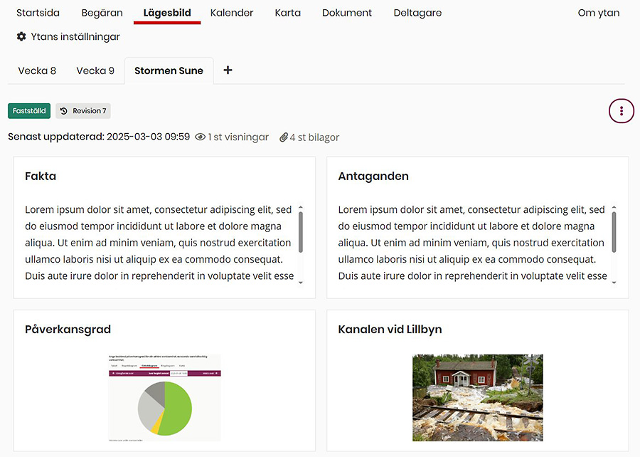 Skärmklipp av WIS-yta. Fliken lägesbild visar fakta, antaganden, påverkansgrad och ett bildblock.